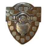A MID 20TH CENTURY OAK SHIELD FORM SILVER PLATED HERTS COUNTY TABLE TENNIS ASSU TROPHY Presented