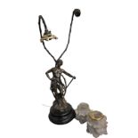 AFTER AUGUST MOREAU, 1834 - 1917, A SPELTER AND FROSTED GLASS FIGURAL LAMP Male figure with a scythe