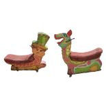 TWO VINTAGE WOODEN FAIRGROUND RIDES FORMED AS FANTASY FIGURES With original painted decoration and