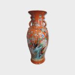 A LARGE 19TH CENTURY CHINESE CORAL GLAZE PORCELAIN VASE Having twin salamander handles with