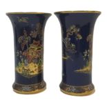 CARLTONWARE, A PAIR OF VINTAGE 'BLEU ROYALE' PORCELAIN VASES Having a flared rim and decorated