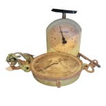 SALTER, TWO VINTAGE BRASS HANGING SCALES Circular hanging scale with 100lb measuring scale and a