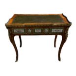 A 19TH CENTURY FRENCH WALNUT LADIES WRITING TABLE, the cartouche top with pierced brass gallery