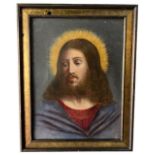 A 19TH CENTURY OIL ON CANVAS PORTRAIT OF JESUS CHRIST FRAMED. Sight 29.5cm x 39.5cm Frame 38.5cm x