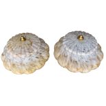 A PAIR OF ART DECO MOULDED SPLATTER GLASS CEILING SHADES, yellowish/white hue. H-22cm D- 33cm