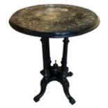 A DECORATIVE 19TH CENTURY VICTORIAN CIRCULAR PAINTED SLATE TOP OCCASIONAL TABLE The top painted with