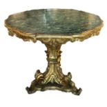 AN EARLY 19TH CENTURY AND LATER ROCOCO GILTWOOD CENTRE TABLE The circular green faux marble top