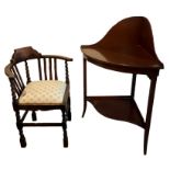 A 19TH CENTURY MAHOGANY CORNER WASHSTAND Together with an oak corner chair.