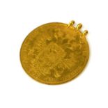 A RARE 1901 AUSTRIAN FOUR DUCAT GOLD COIN Having three loops attached to top forming a pendant. (