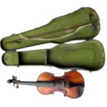 A 19TH CENTURY CASED VIOLIN AND BOW TWO PIECE BACK. (total length 58cm, length of back 35cm)