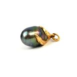 A LARGE YELLOW METAL AND BLACK BAROQUE PEARL PENDANT. (tests as gold, approx 17 x 12mm, gross weight