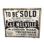 A VINTAGE BLACK AND WHITE ENAMEL ADVERTISING SIGN ?C. & E. Melville, TO BE SOLD, 14. London Road,