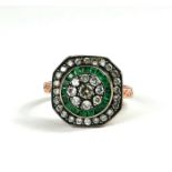 A VINTAGE STYLE 8CT ROSE GOLD, ROUND BRILLIANT CUT DIAMOND AND STEP CUT NATURAL EMERALD SQUARE