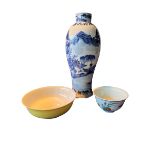 THREE CHINESE PORCELAIN ITEMS To include a lemon yellow glazed flared shallow bowl, a Doucai bowl