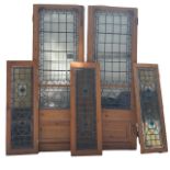 A COLLECTION OF VICTORIAN LEADED AND STAINED GLASS PINE DOORS AND PANELS. (large pair of doors h