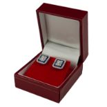 A PAIR OF 18CT WHITE GOLD, DIAMOND AND SAPPHIRE SQUARE EARRINGS Boxed. (sapphires 2.90ct, diamonds