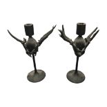 A PAIR OF MOUNTED EBONISED ROE DEER SKULL AND ANTLER CANDLESTICKS The bases, stem and top made out