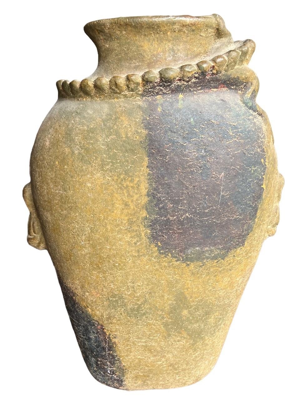 A LARGE DECORATIVE ASIAN POTTERY FACIAL MASK VASE WITH LIZARD HEADDRESS. (H 46cm x W 35cm x D 23cm) - Image 12 of 17