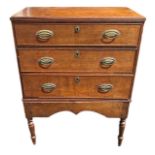 AN 18TH CENTURY OAK CHEST ON STAND With three drawers fitted with brass handles, raised on four