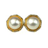 A LARGE PAIR OF 18CT YELLOW GOLD, PEARL AND DIAMOND EARRINGS Large central round mabé pearls