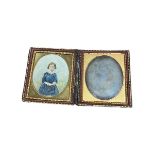 A 19TH CENTURY VICTORIAN CASED DAGUERREOTYPE PORTRAIT SHOWING A LITTLE GIRL AND A WATERCOLOUR AND