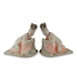 A large pair of pottery Figures of kneeling Courtiers, Tang dynasty, AD 618 - 907 L: 38cm PROPERTY