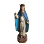 A 19TH CENTURY CARVED WOOD AND POLYCHROME STATUE OF THE VIRGIN MARY. (48cm)