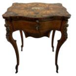 A 19TH CENTURY WALNUT SIDE/WORK TABLE The cartouche top white metal inlays centrally in the form
