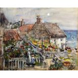 ROWLAND HENRY HILL, 1873 - 1952, WATERCOLOUR Coastal village with figures (possibly Runswick) ,