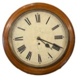 A LARGE 19TH CENTURY MAHOGANY AND BRASS CIRCULAR WALL CLOCK With painted dial and Roman numerals,