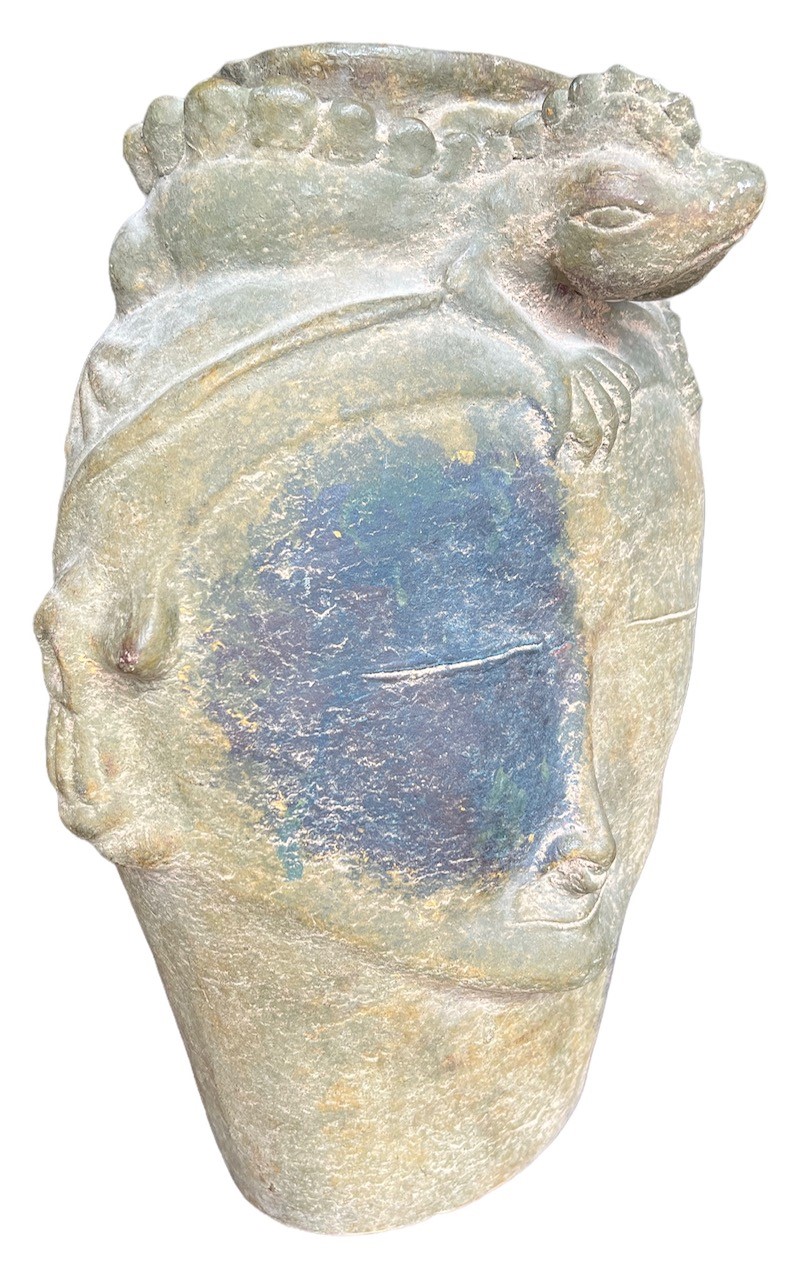 A LARGE DECORATIVE ASIAN POTTERY FACIAL MASK VASE WITH LIZARD HEADDRESS. (H 46cm x W 35cm x D 23cm) - Image 2 of 17