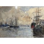 ROWLAND HENRY HILL, 1873 - 1952, WATERCOLOUR AND PENCIL Ships at Liverpool Docks, signed, dated 1910