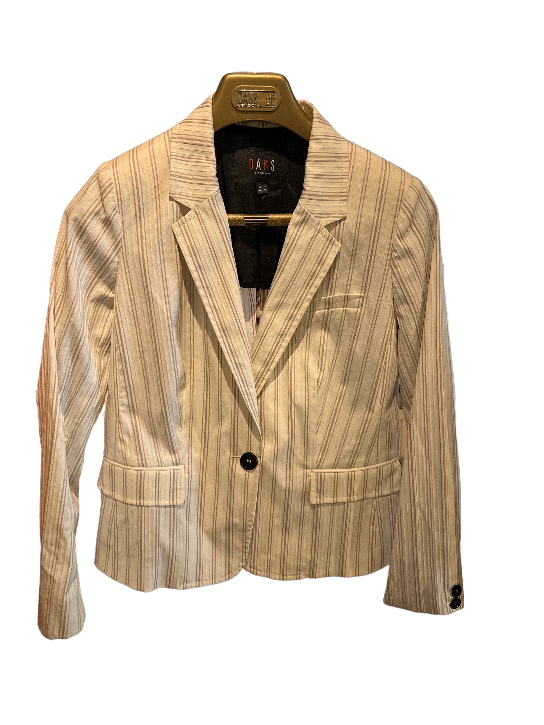 DAKS, A CREAM AND BEIGE PINSTRIPE SUIT JACKET. (size 14)