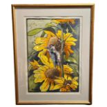 ANDREW HASLEN, B. 1953, LINOCUT AND WATERCOLOUR Woodpecker and sunflowers, signed lower left, framed