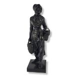 A LATE 19TH CENTURY FRENCH PATINATED BRONZE, GAME SELLER IN NORMANDY LONG DRESS CARRYING TWO BASKETS