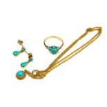 A COLLECTION OF 9CT GOLD AND TURQUOISE JEWELLERY Comprising a pendant necklace, drop earrings and