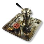 ASPREY, AN EARLY 20TH CENTURY SILVER LETTER SEAL AND DESK STAND Having a pan and burner, wax and