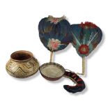 TWO PERUVIAN CERAMIC POTS AND TWO POLYCHROMED FEATHER FANS Together with a feather handmade