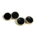 A VINTAGE PAIR OF 18CT GOLD, PLATINUM AND BLACK ENAMEL GENT’S CUFFLINKS Spherical black discs with