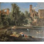 AN EARLY 19TH CENTURY CONTINENTAL SCHOOL OIL ON CANVAS, LAKESIDE LANDSCAPE With figures and