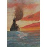 AN EARLY 20TH CENTURY MARINE WATERCOLOUR, WWI BRITISH NAVAL SHIP IN ACTION Indistinctly signed lower