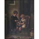 A VICTORIAN OIL ON CANVAS, INTERIOR SCENE, CHILDREN PLAYING WITH A CAT Unsigned. (49cm x 59cm)