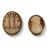 A VINTAGE 9CT GOLD OVAL CAMEO SHELL BROOCH Three graces, together with a female portrait set in 18ct