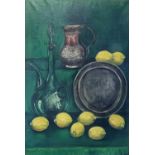 A MID CENTURY OIL ON CANVAS, STILL LIFE, A GREEN GLASS DECANTER WITH PEWTER CHARGER AND LEMONS