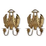 A PAIR OF GILT ORMOLU BRONZE BAT WALL SCONCES Gothic design, formed as hanging bats with the jaws