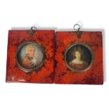 A PAIR OF MINIATURE PORTRAITS IN FAUX TORTOISESHELL FRAMES Round portraits of a lady and gentleman