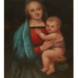 OIL ON ARTIST BOARD, PORTRAIT OF MADONNA AND CHILD Standing pose, in red and green robes, in a