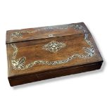 A VICTORIAN ROSEWOOD WRITING SLOPE Top cover inlaid with mother of pearl, opening to reveal a fitted