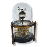 A NOVELTY CLOCKWORK AUTOMATION COPPER AND GLASS FISH TANK CLOCK With a glass dome, rotating fish and