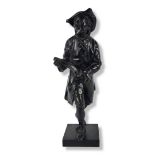 A LATE 19TH CENTURY FRENCH PATINATED BRONZE, HAPPY HUNTER IN LOUIS XVI DRESS HOLDING A HARE On a